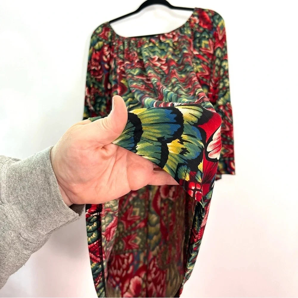 Green Red Floral Print Bell Sleeves Scoop Neck Tunic Top Ruffle Dress
